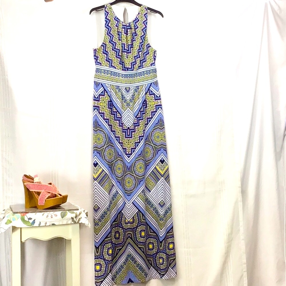 🔹London Times White Blue Mosaic Umpire Waist Sleeveless Maxi Dress Sz 6